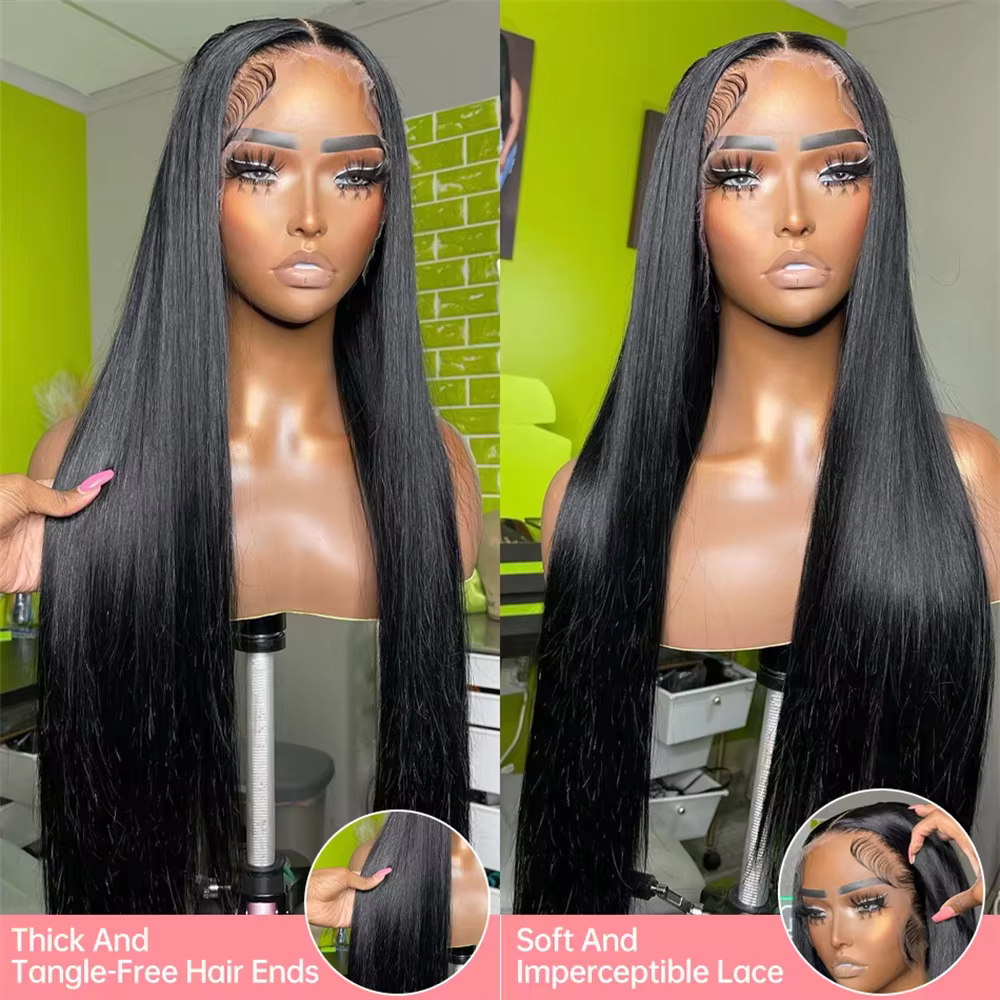 Perruques de cheveux humains brésiliens lisses et transparents de 30 à 32 pouces, densité 200, avec