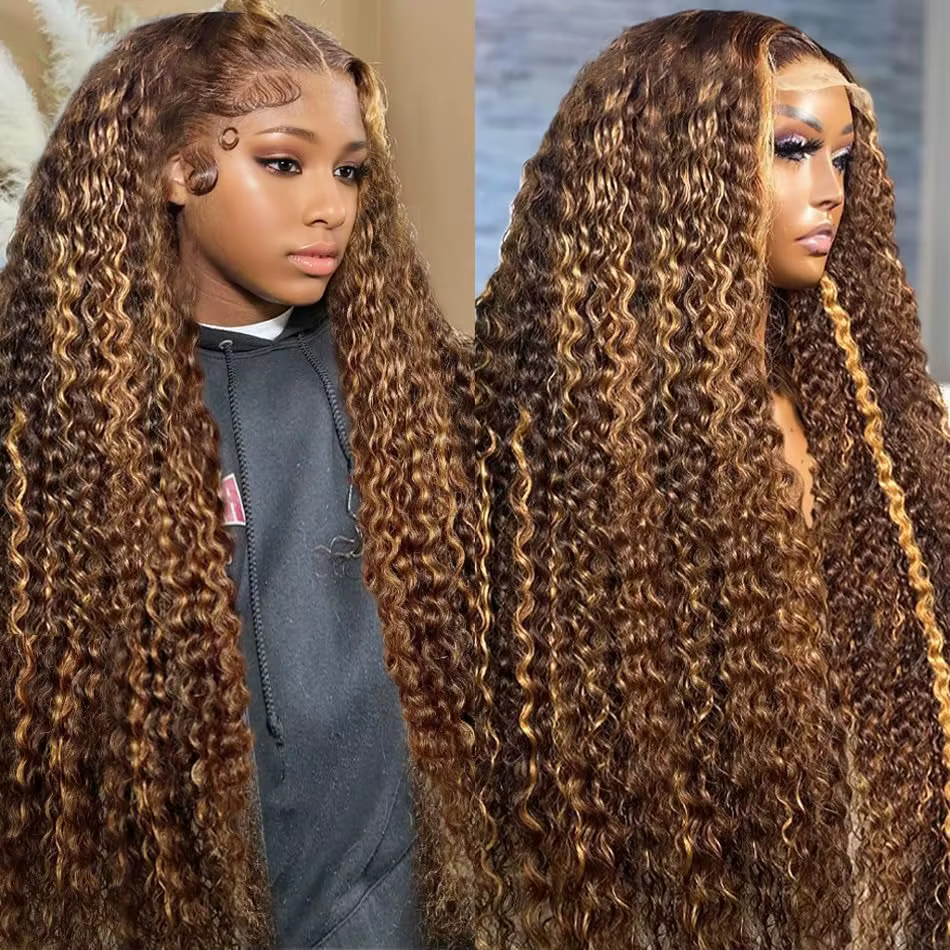Perruques en cheveux humains bouclés brun miel 4/27, densité 250, avec dentelle frontale 13x4, 40 po