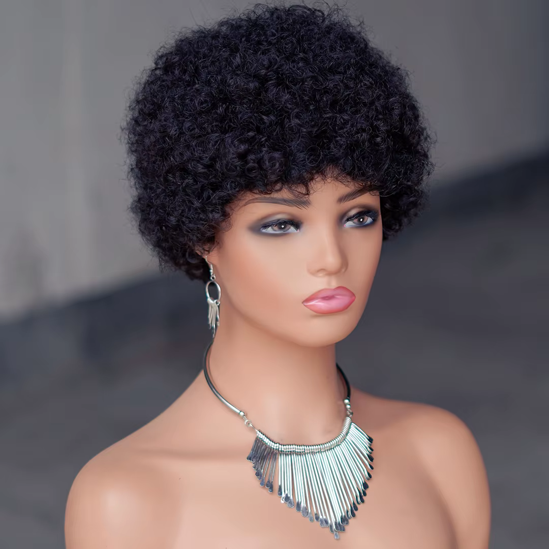 Perruque de cheveux humains courts Afro crépus bouclés pour femmes cheveux moelleux court Pixie bouc