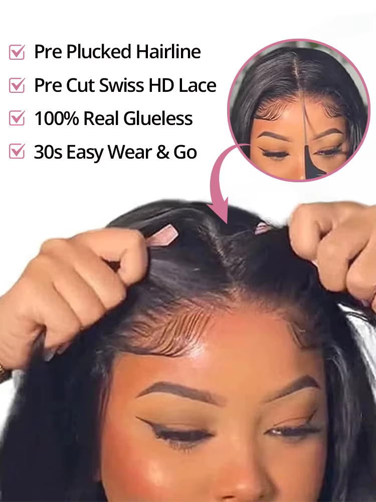Perruque en cheveux humains lisses 40-46 pouces, prête à porter, sans colle, avec dentelle pré-coupé