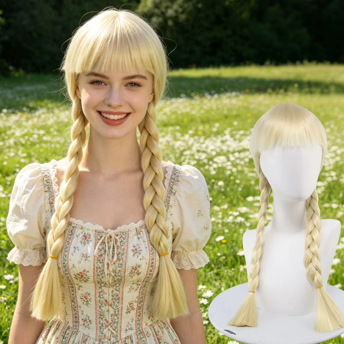 Perruque blonde à double tresse avec frange, perruque synthétique pour costume de cosplay pour femme