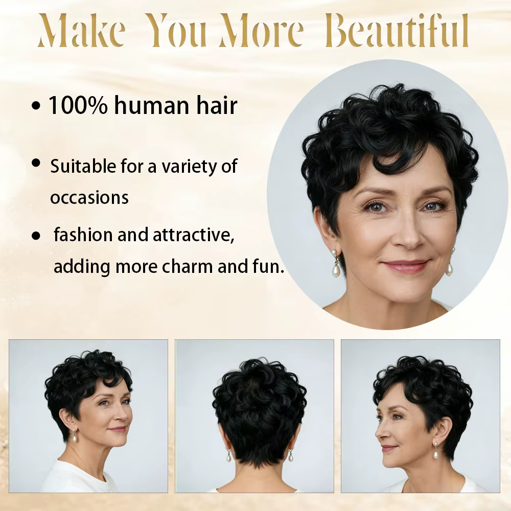 1B #   Perruque de cheveux humains coupe lutin pour femmes, 6 pouces, couches courtes, amples et bou