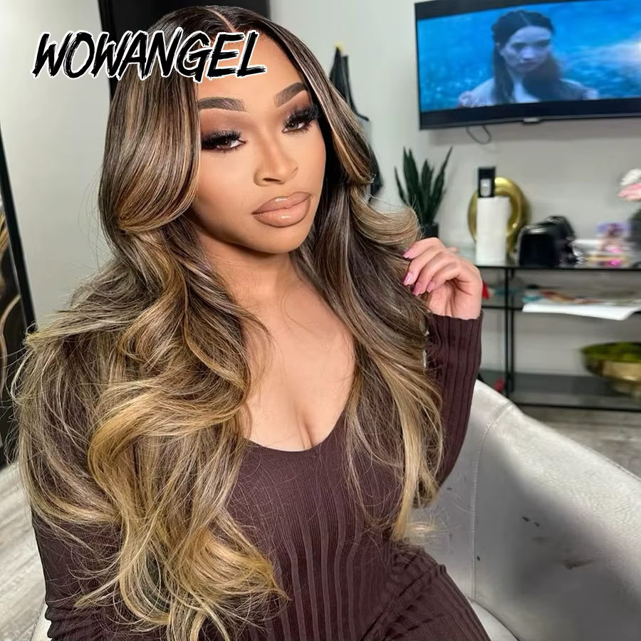 WOWANGEL Perruque Blonde Miel Balayage avec Mèches, Cheveux Humains Ondulés, Perruques Sans Colle en