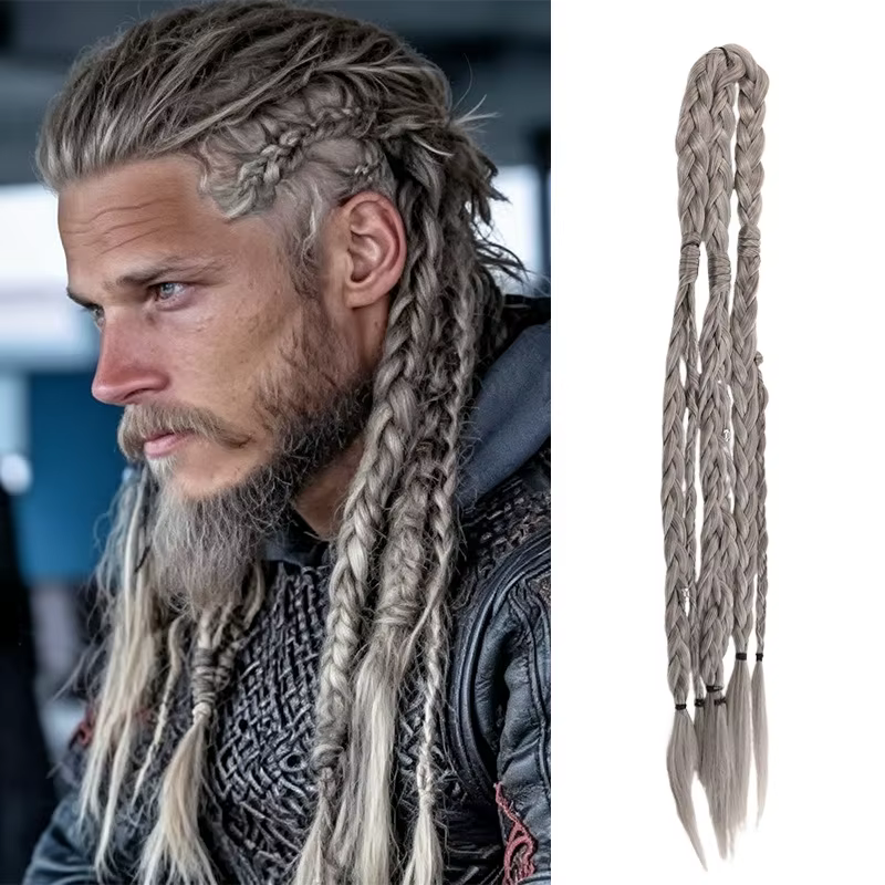 Extensions de cheveux tressés synthétiques pour hommes, style Viking, à clipser, pour cosplay, festi