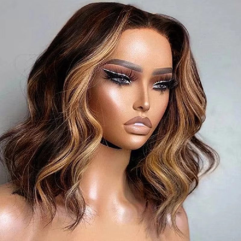 Perruque Brésilienne Naturelle avec Cheveux Vierges, Courts, Bob, Densité 200, Balayage, Vague de Co