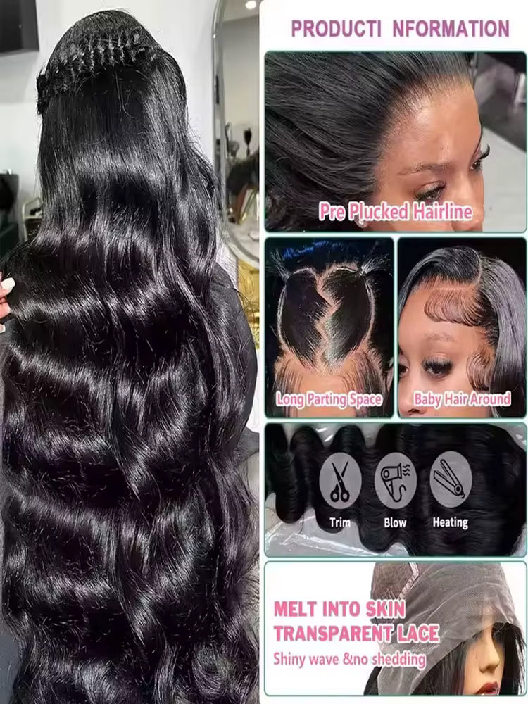 40 42 pouces vague de corps perruques de cheveux humains 250% densité 13x6 HD avant de lacet perruqu