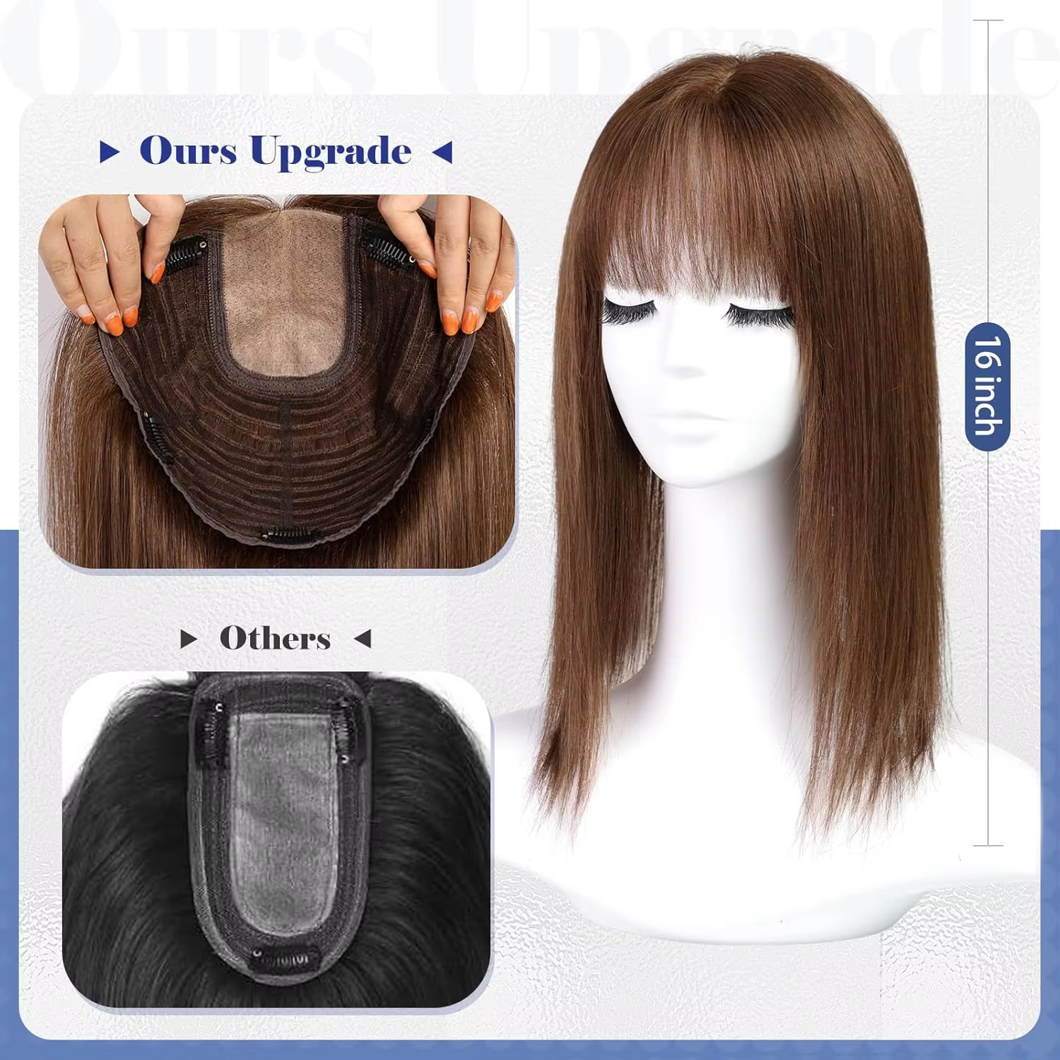 9x9 pouces grandes pièces de cheveux de Base brun foncé Toppers de cheveux humains 16 pouces Toppers