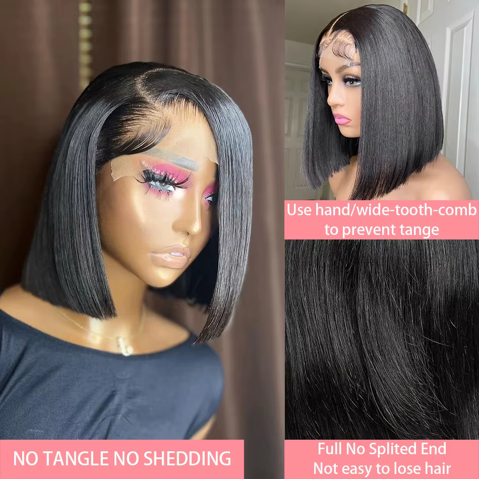 Perruques Lace Frontal 13x4 ultra-lisses, coupe courte bob, pré-épilées, avec dentelle transparente