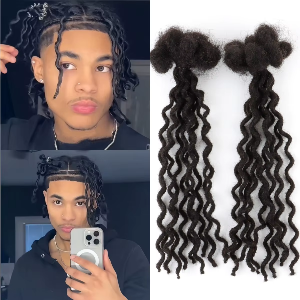 Extensions de dreadlocks bouclées faites à la main pour hommes et femmes, 0.4 vrais cheveux humains,