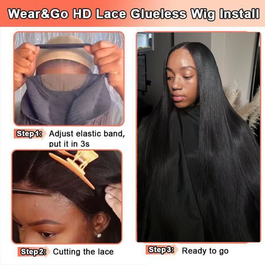 BEEOS-Perruque Lace Closure Wig sans colle naturelle, cheveux lisses pré-implantés, noir de jais, 2x