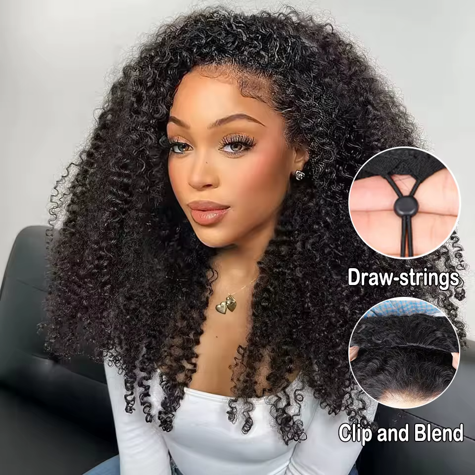 Demi-perruque sans colle, cheveux naturels, avec cordon de serrage, Clips sans couture, densité 300,