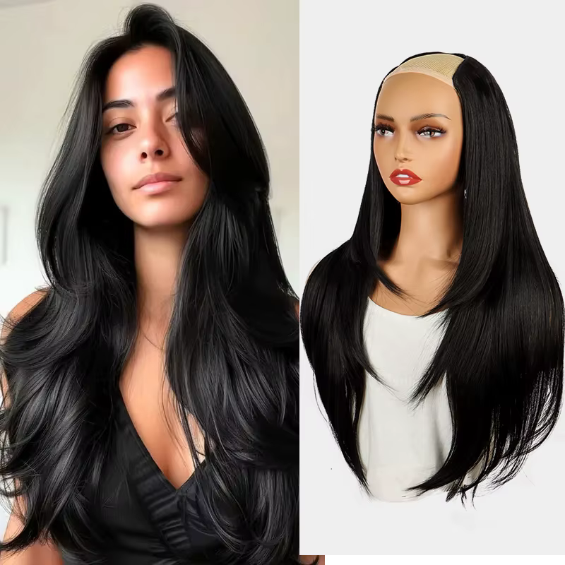 WIGSIN 22 pouces synthétique longue droite couches Clip-in Extension de cheveux en forme de V noir b