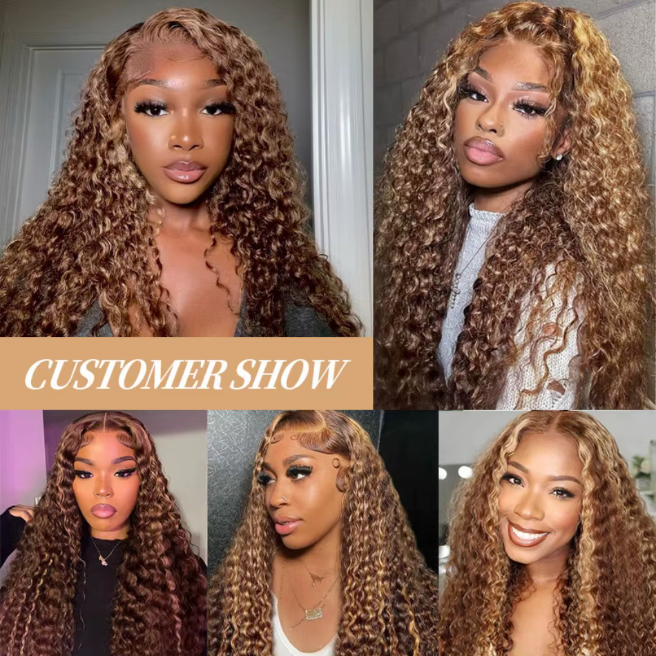 Perruque Lace Frontale en Cheveux Humains Ondulés Ombrés 250 Densité 30 Pouces, Effet Deep Wave, Den