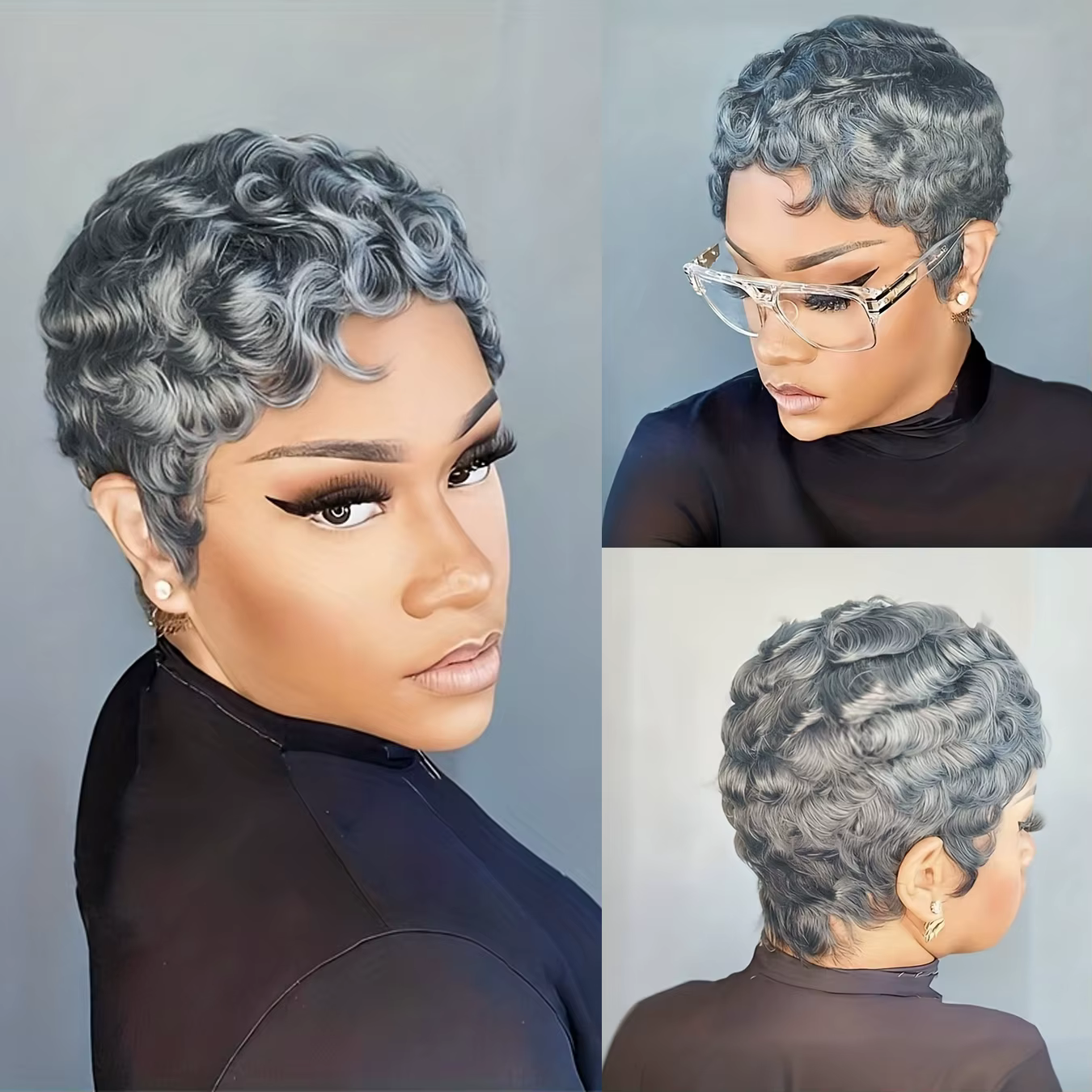 Perruque de cheveux humains 6 pouces gris naturel avec boucles lâches densité 180 % perruque fabriqu