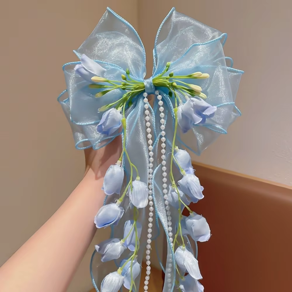 Pince à cheveux Lolita Fée Douce à fleur, avec pompon, long ruban, nœud en dentelle, pince bec de ca