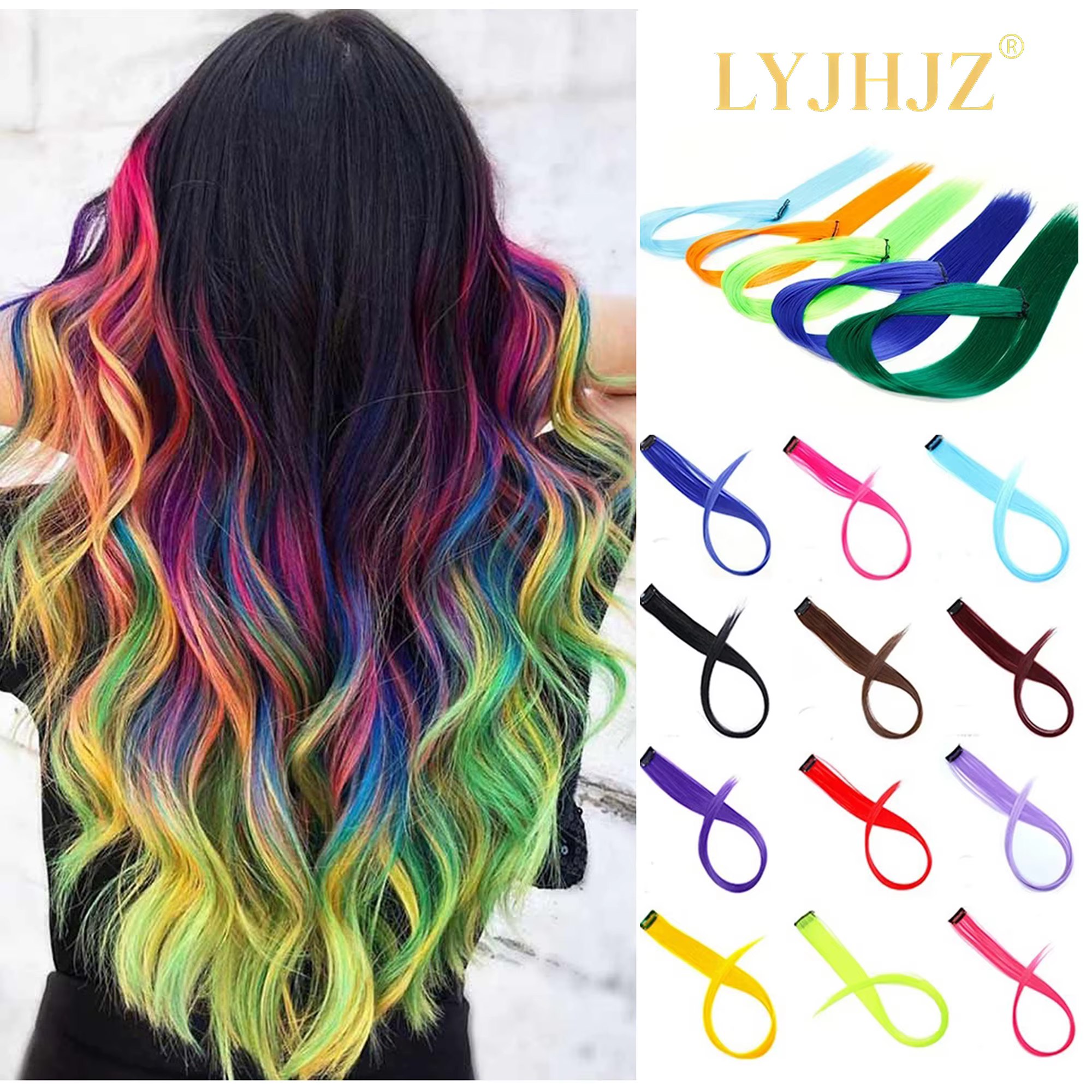 Extensions de cheveux synthétiques longues et droites de 22 pouces, à clipser, résistantes à la chal