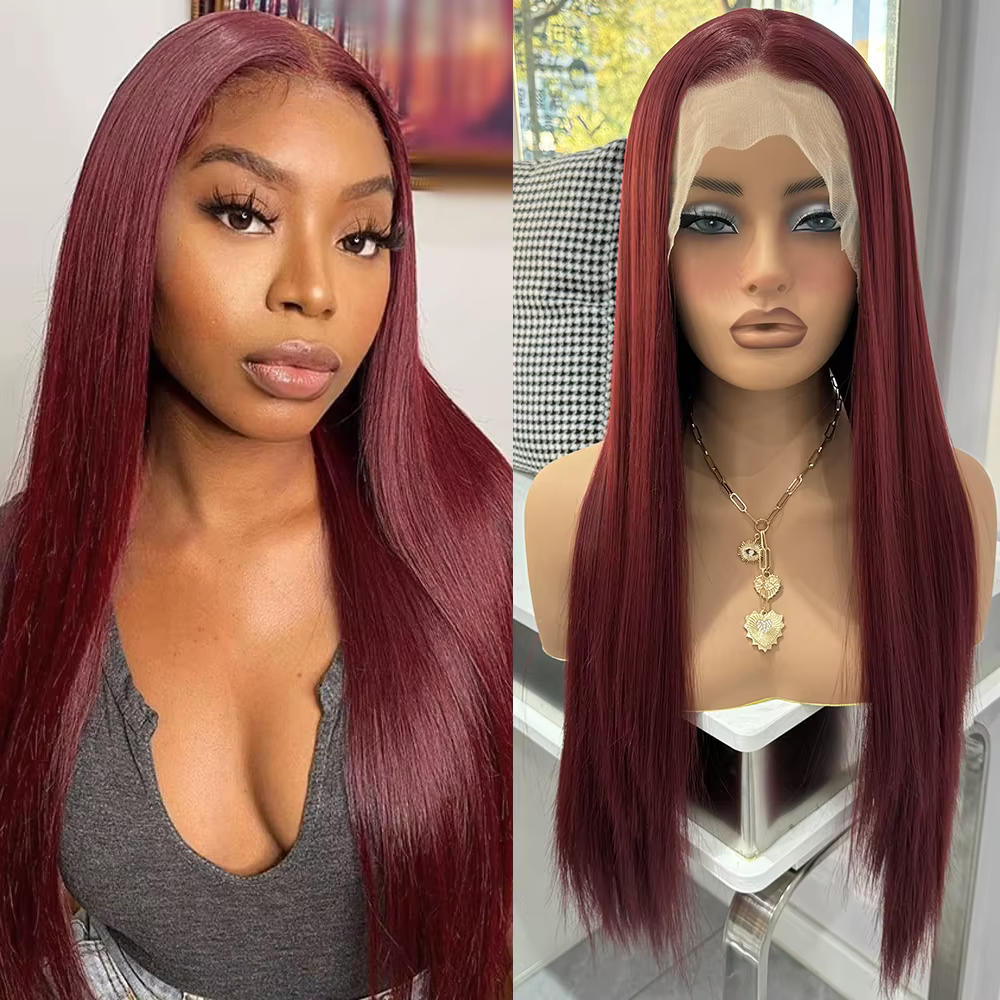 Perruque Synthétique Lisse Rouge Vin pour Femme, Cheveux Longs, Front Lace, Degré de Chaleur, 03/Wea