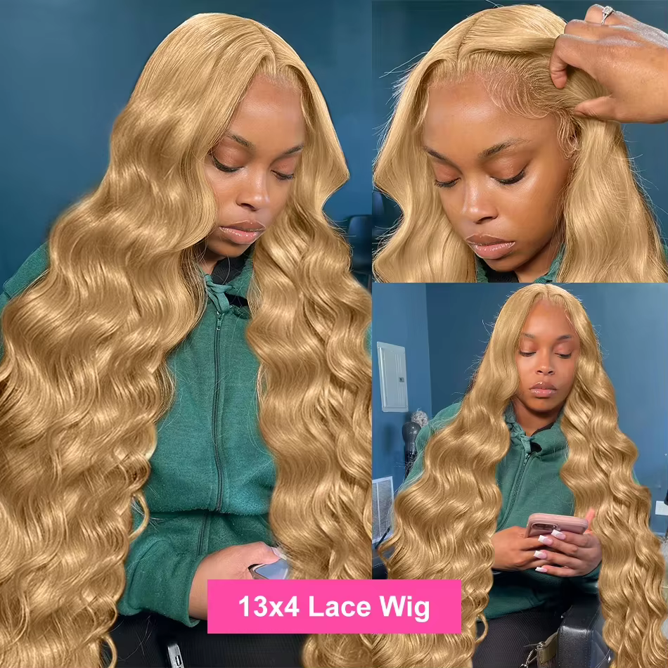 Perruque Lace Front Wig Body Wave brésilienne naturelle, cheveux humains, couleur blond miel, 13tage