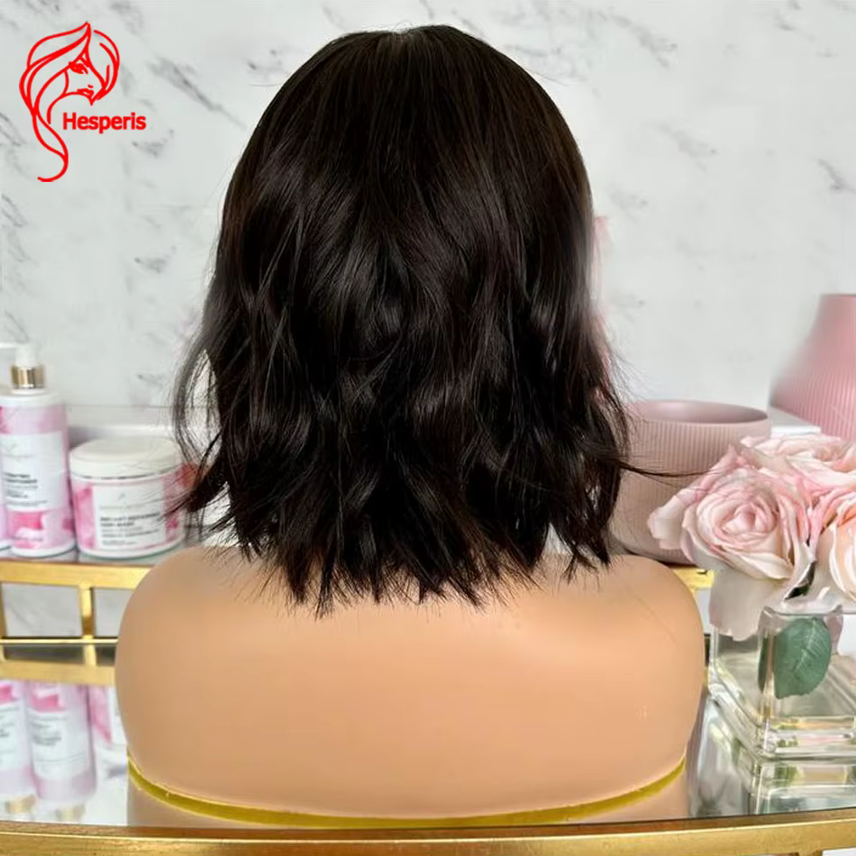 Hesperis-Perruques de cheveux humains courts ondulés pour femmes, perruque avant en dentelle brune #