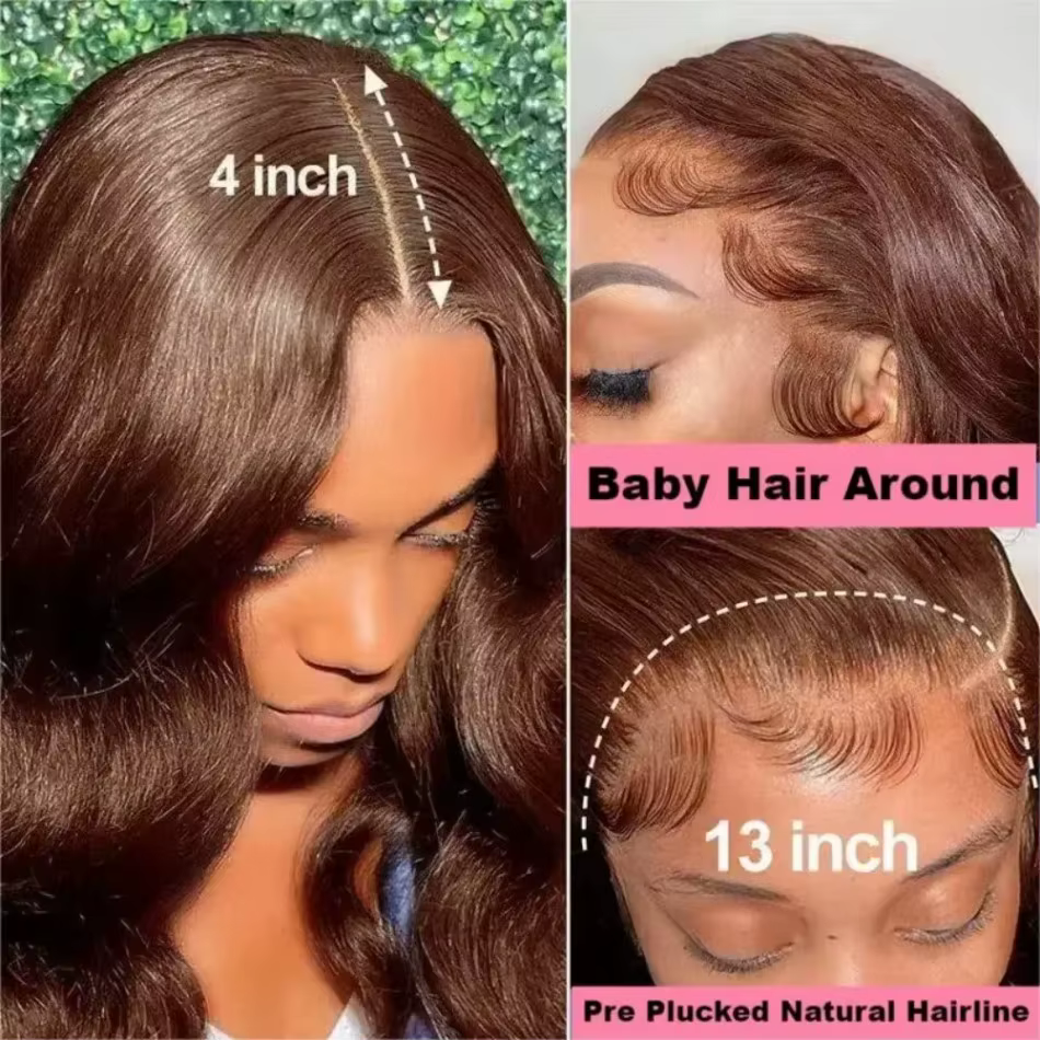 Perruque Lace Front Wig Body Wave Naturelle, Cheveux Humains, Brun Chocolat, 13x6, HD, Densité 250, 