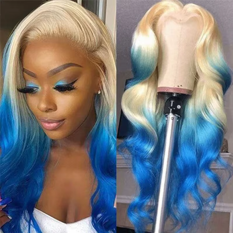 Perruque Lace Frontal Wig synthétique Body Wave à reflets bleus, blond ombré, 13x4 HD, haute qualité