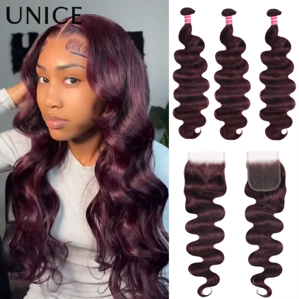 UNice noir cerise corps vague paquets 2/3/4 pièces avec 1 PC 4x4 pouces dentelle fermeture pré color