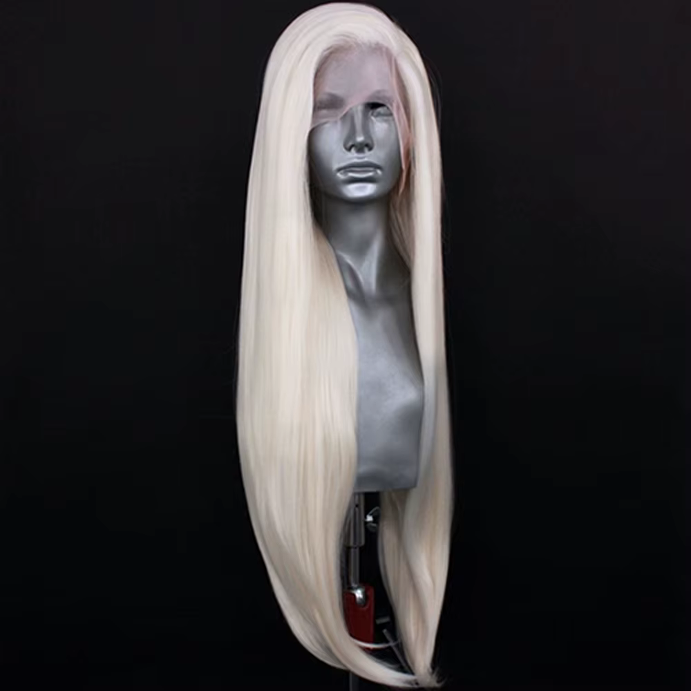 Perruque Lace Front Wig synthétique ondulée naturelle Blonde platine, cheveux synthétiques longs ond