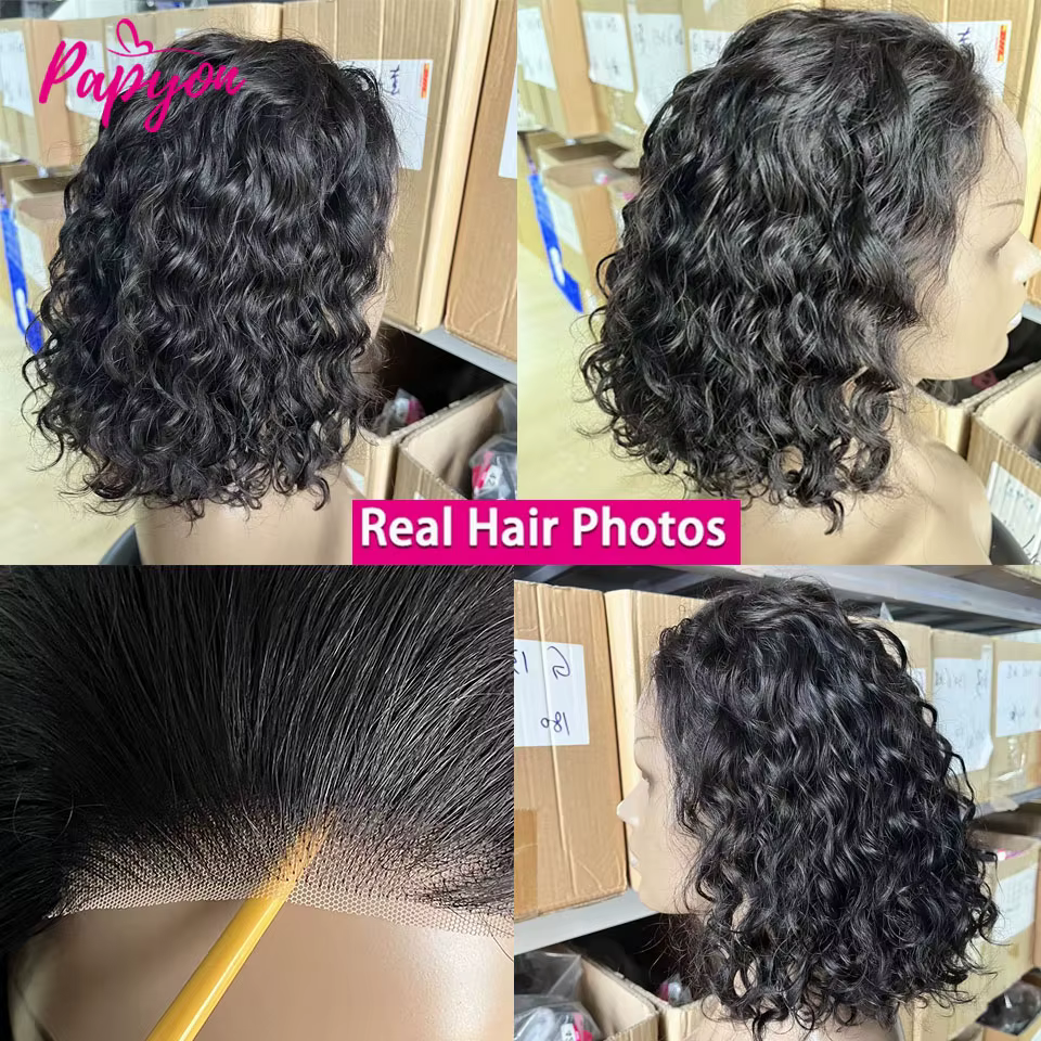 200% Density Perruque Bob Bouclé Water Wave Sans Colle Pour Femme de Fermeture en Bouclée Dentelle
