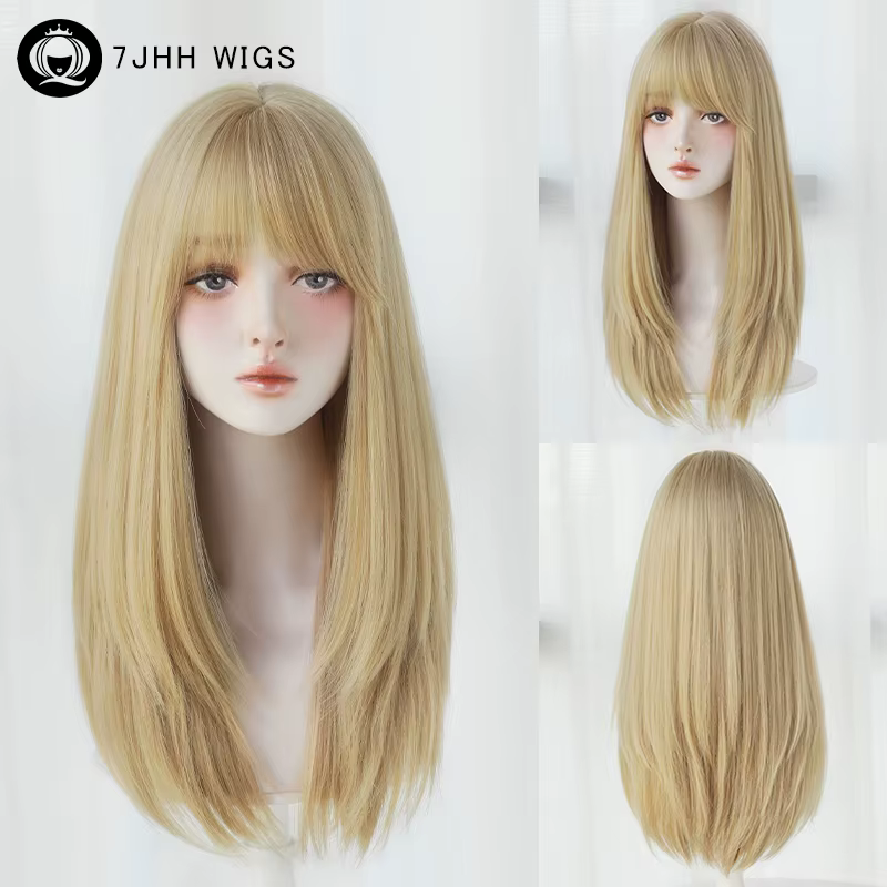 Perruques blondes en couches droites avec frange soignée, faux cheveux naturels synthétiques haute d