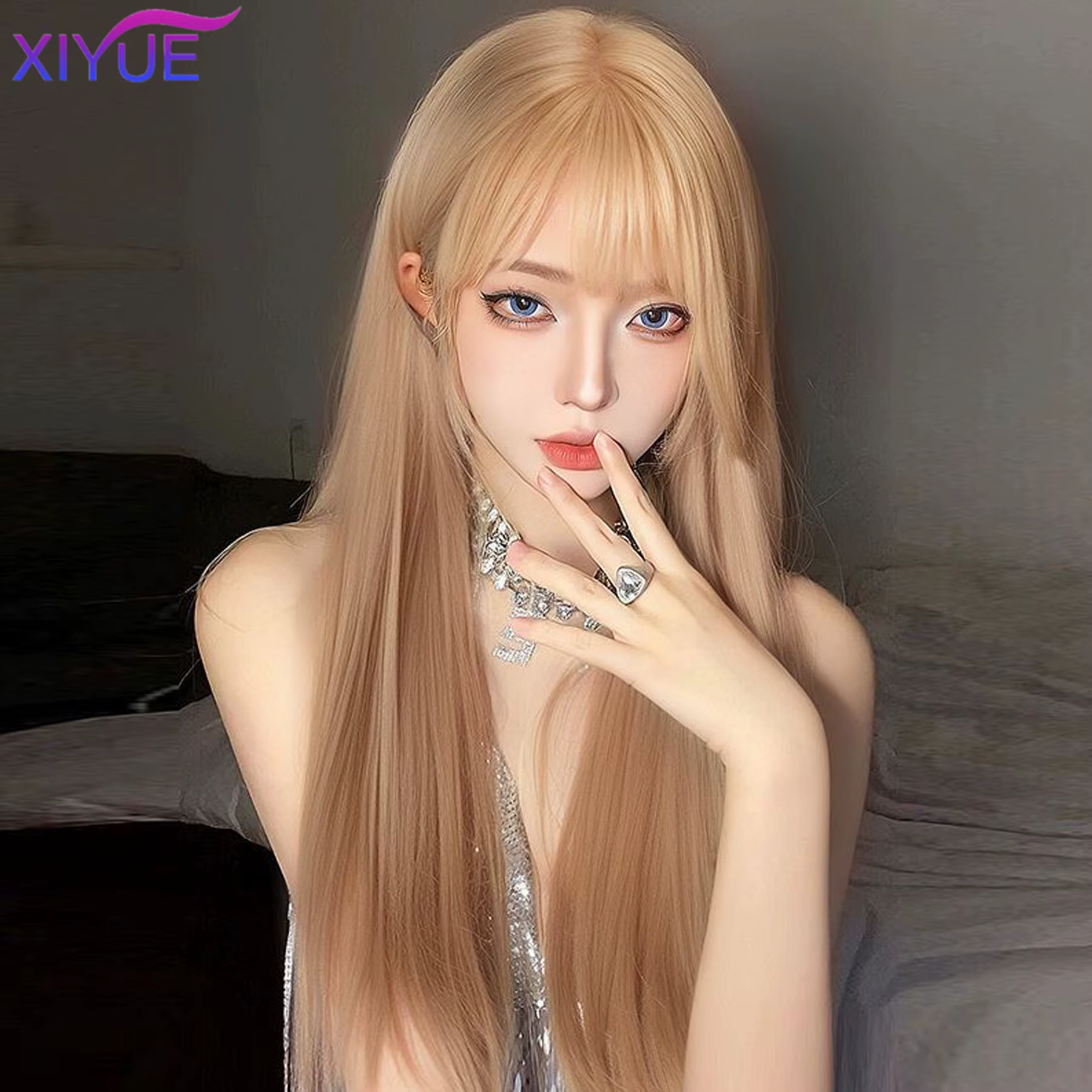 Perruque synthétique dorée avec frange naturelle moelleuse, cheveux lisses, longueur à la taille, po