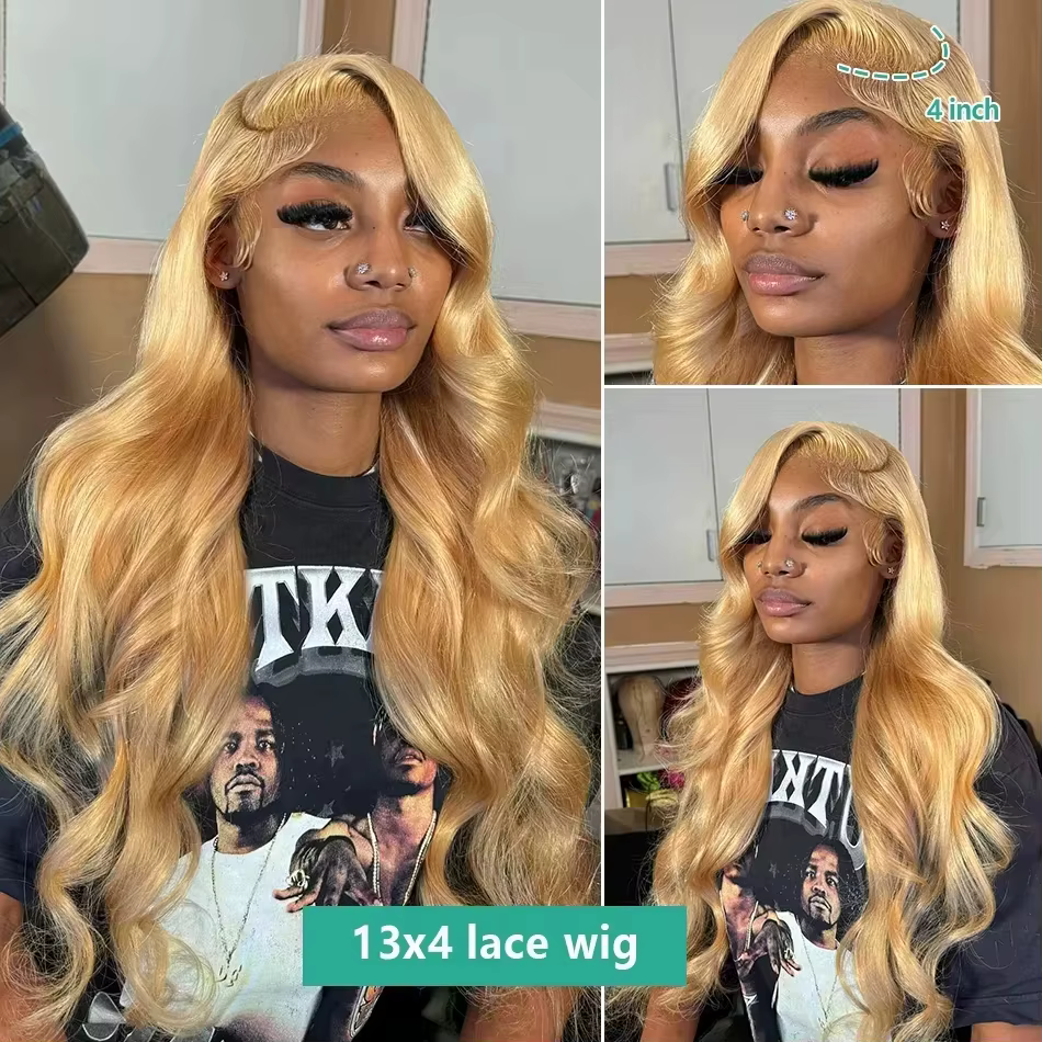 Perruque en cheveux humains blond miel ondulée, densité 250, avec dentelle frontale HD 13x6, cheveux