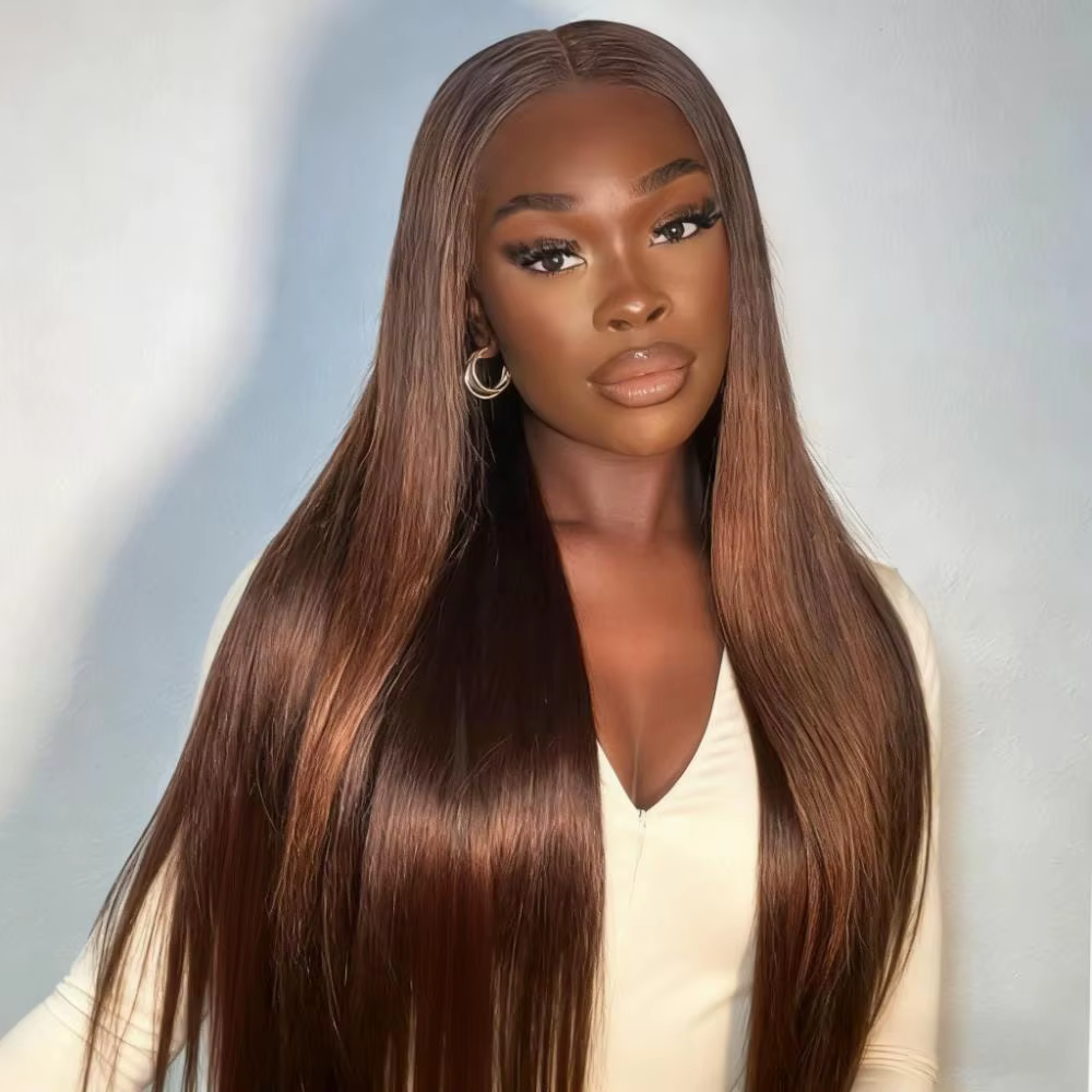 # Perruque brune chocolat 4 tons en cheveux humains, frontale en dentelle HD 13x6, densité 200, liss