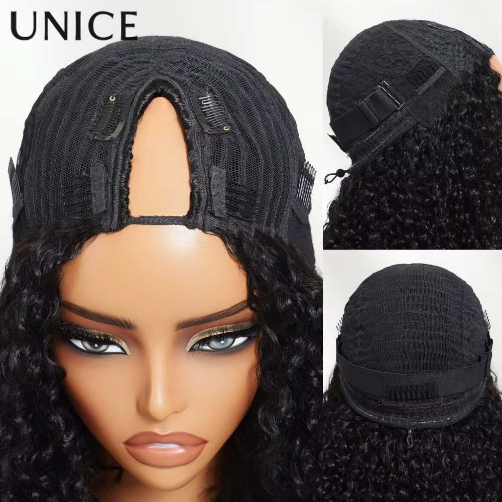 UNice crépus bouclés V partie perruque avec cordon 100% perruques de cheveux humains débutant adapté