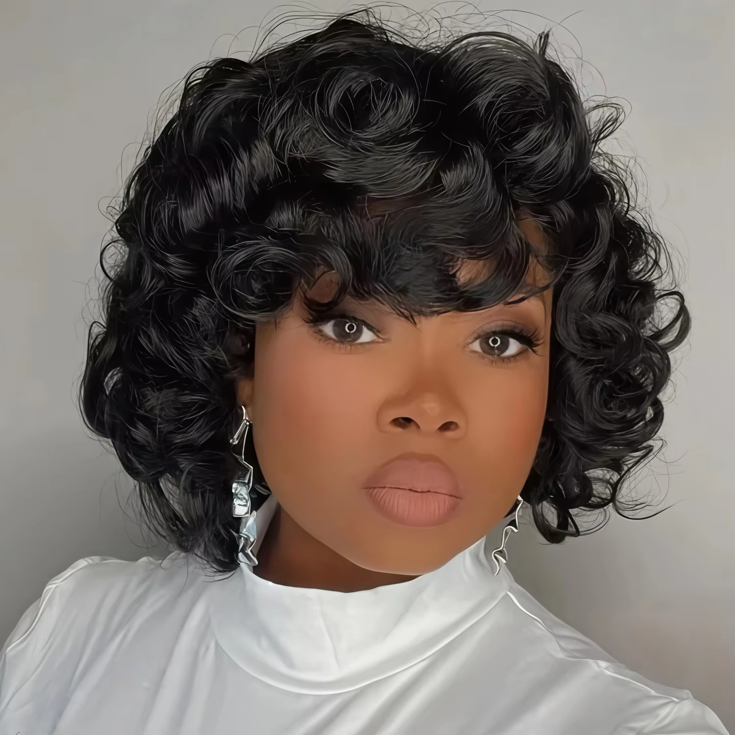 Cheveux bouclés moelleux à la mode, couleur naturelle, cheveux courts avec frange, pas besoin de col