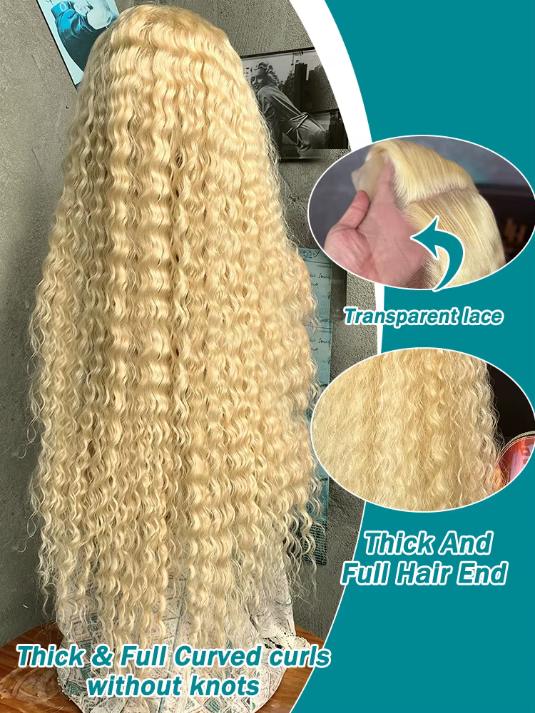 Perruque Cheveux Humains Blondes 613 Jerry Curly 46 Pouces, Ondulées Colorées, Perruque Lace HD 13x6