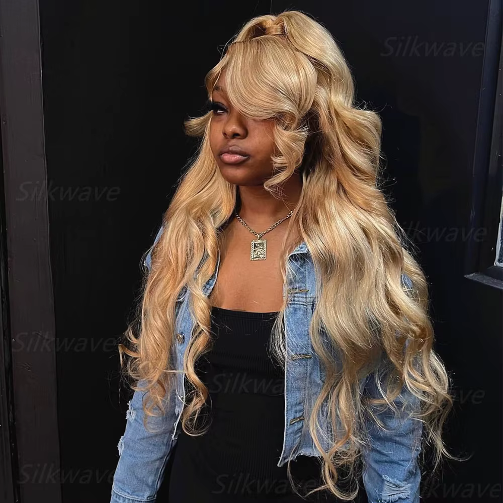 Perruque frontale en dentelle transparente HD 13x6 blonde miel # 27 perruques de cheveux humains de