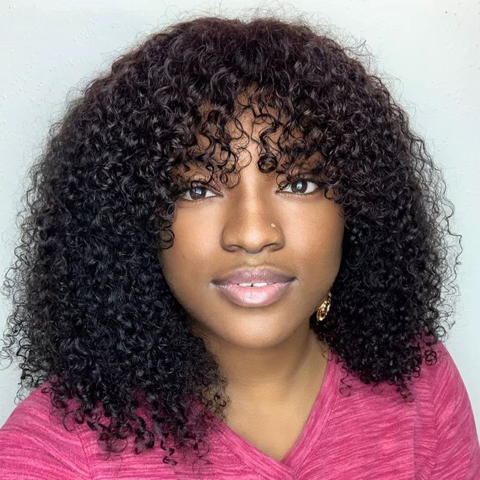 Perruques Cheveux Humains Bouclés pour Femmes, Perruque Bob Frisée Kinky en Cheveux Vierges avec Fra