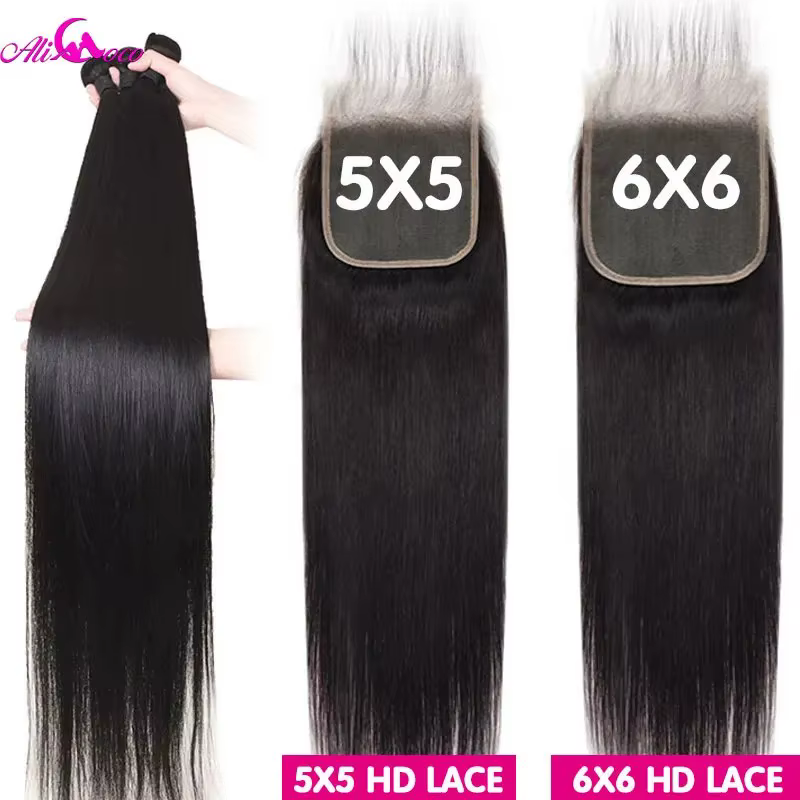 Mèches brésiliennes Remy naturelles lisses,-Ali Coco, 28, 30, 40 pouces, avec Lace Closure, 5x5