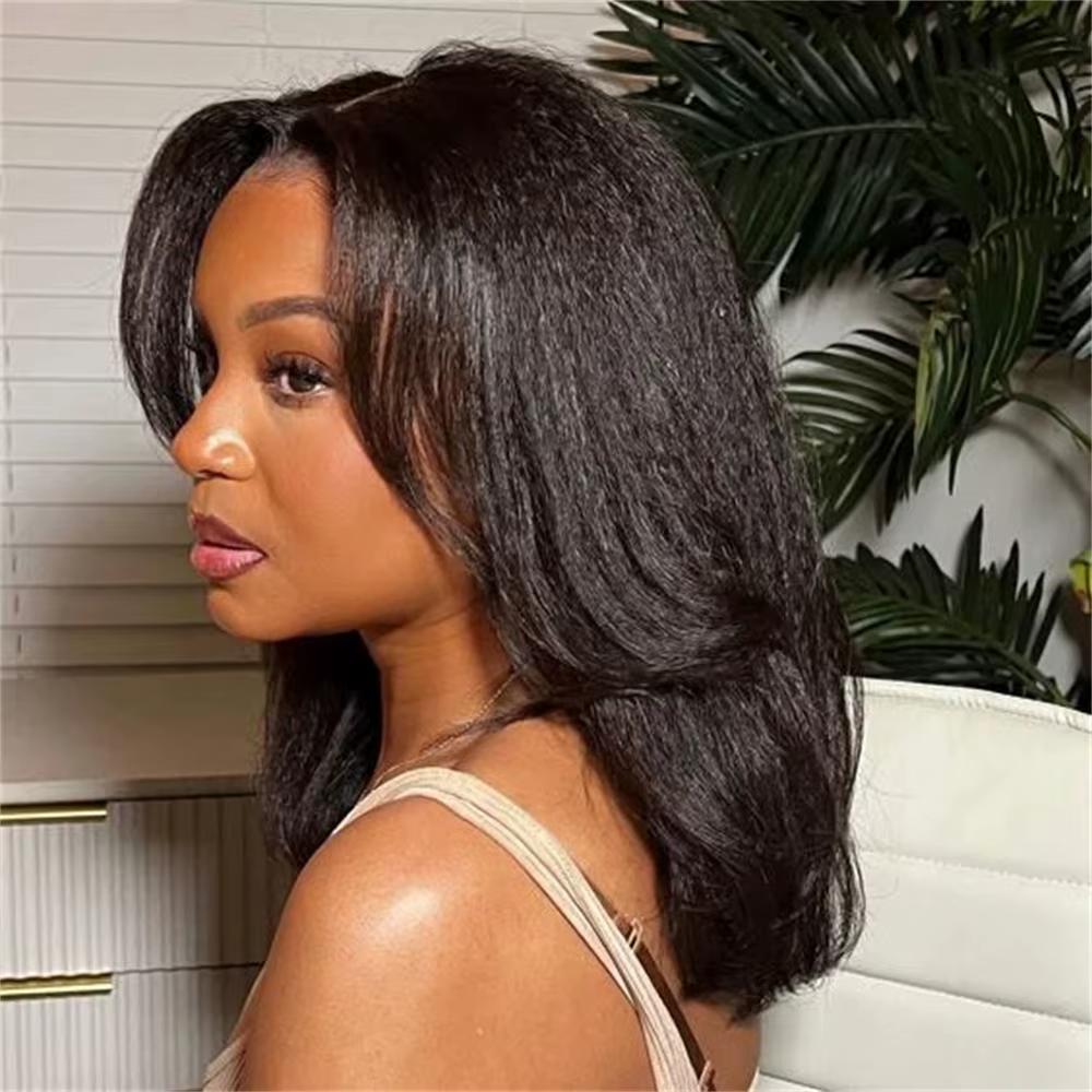 Perruque Bob Lace Front Wig Yaki Synthétique Sans Colle, Postiche Court, Noir, Doux, Crépu, Droit, P