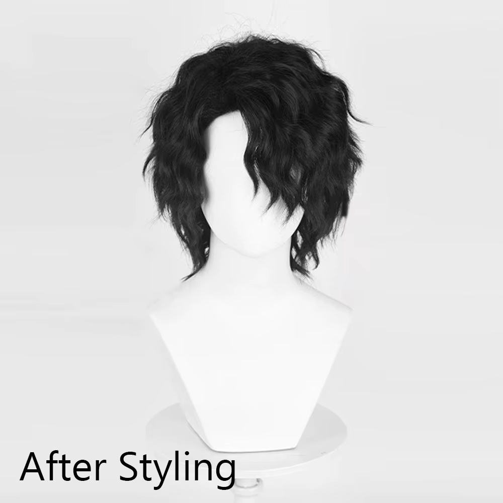 Perruque synthétique courte ondulée noire bouclée pour hommes, perruque de jeu animé Cosplay moelleu