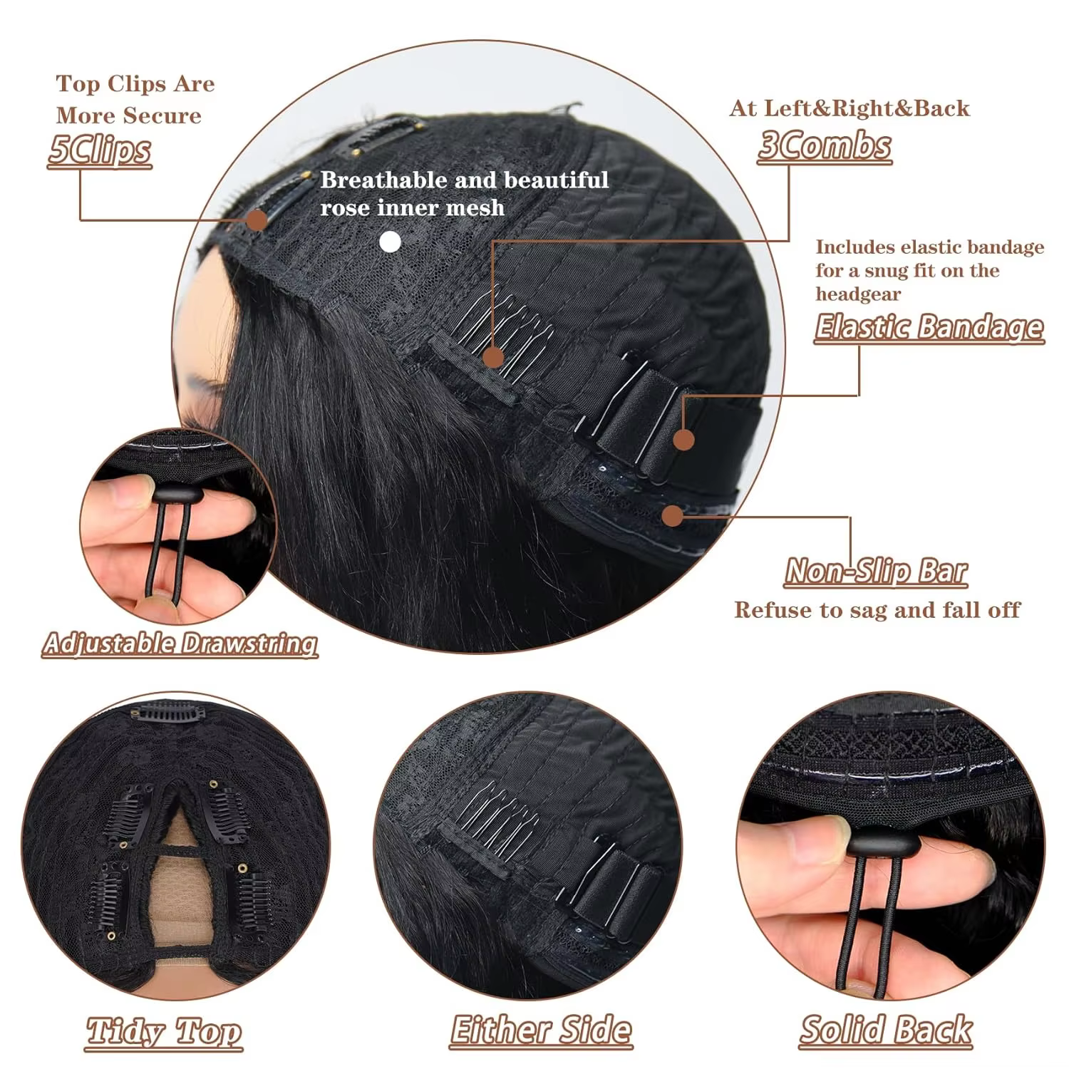 Perruque en cheveux humains à partie en V droite, améliorée, sans colle, demi-perruque à clipser ave