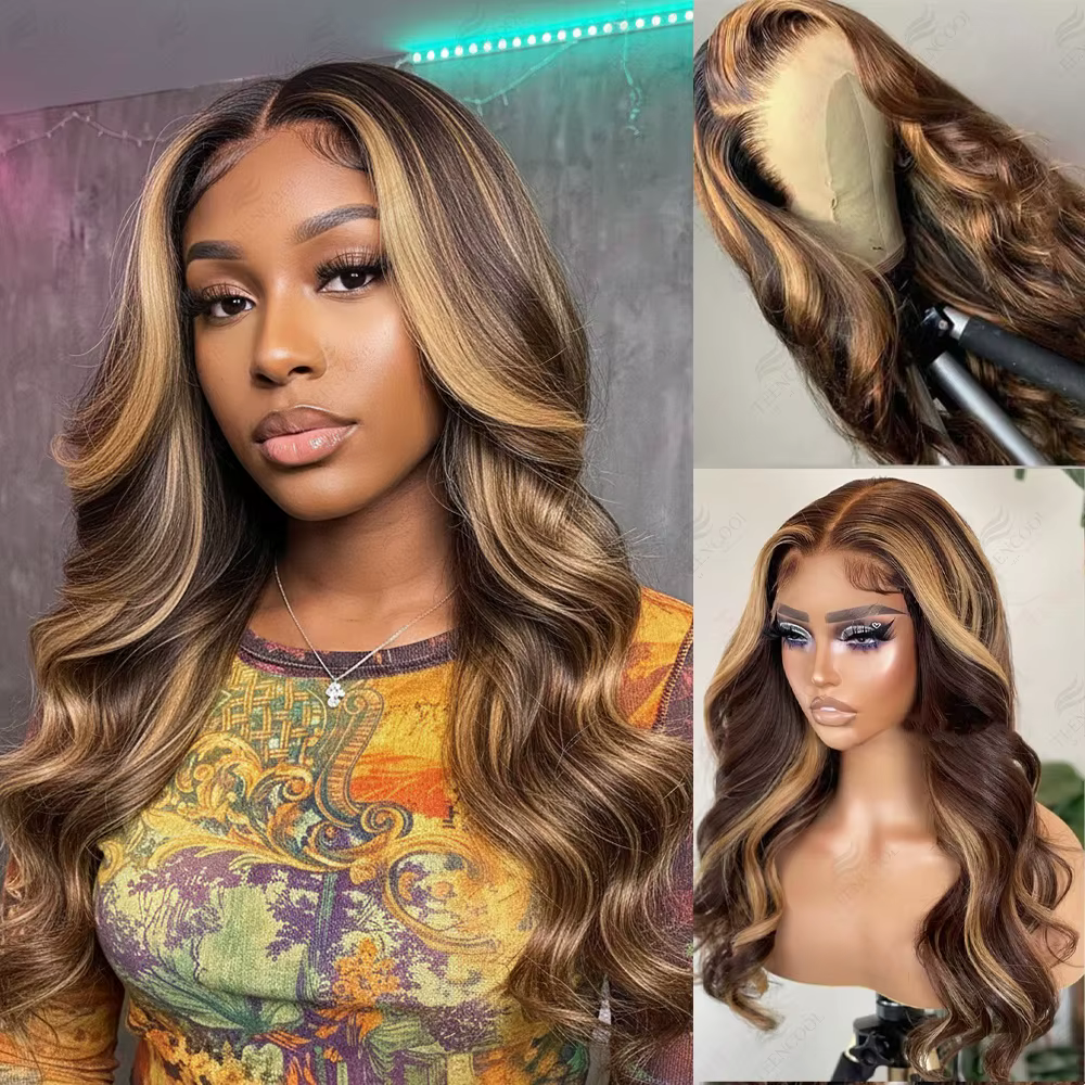 Perruque Lace Frontal Wig Body Wave brésilienne naturelle, cheveux humains à reflets colorés, 13x4, 
