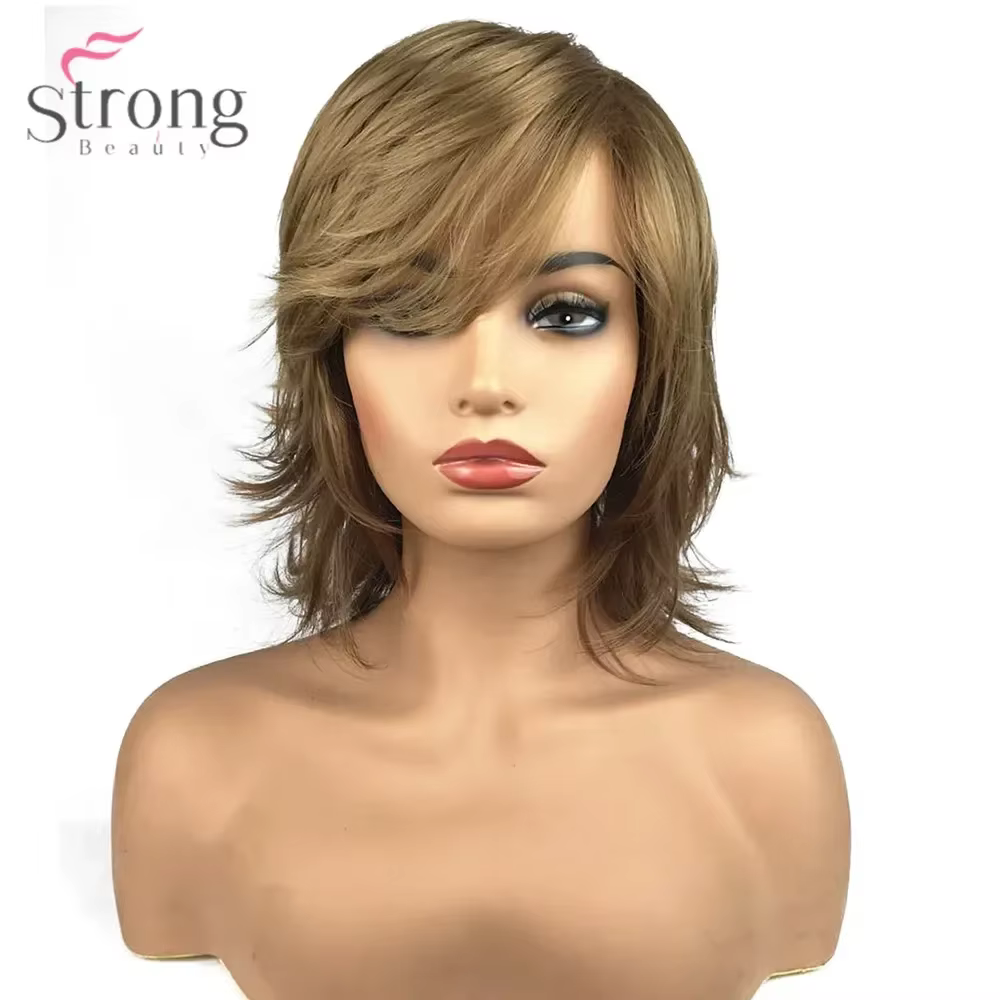 StrongBeauty – perruque synthétique sans capuche pour femmes, cheveux naturels blonds, coupe moyenne