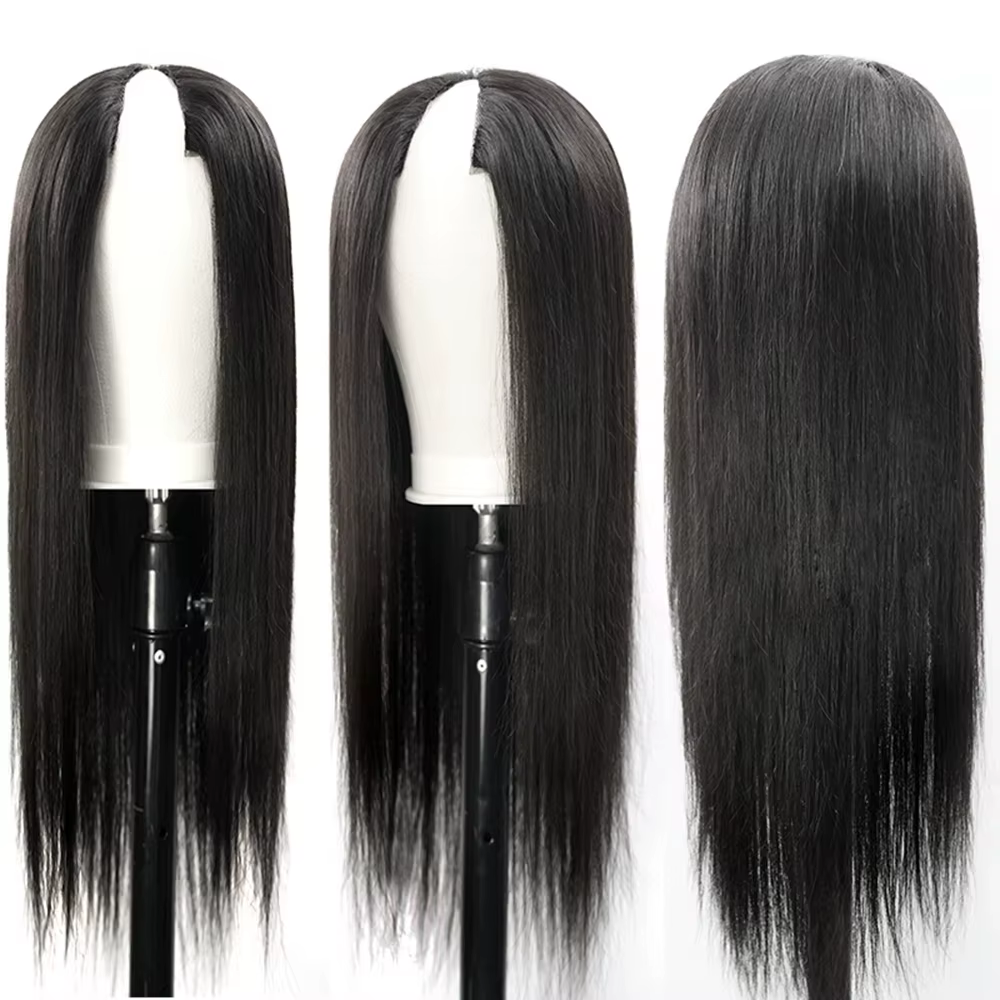 Perruque brésilienne sans colle à clipser, cheveux humains raides, densité 220, coupe en V, 16-36 po