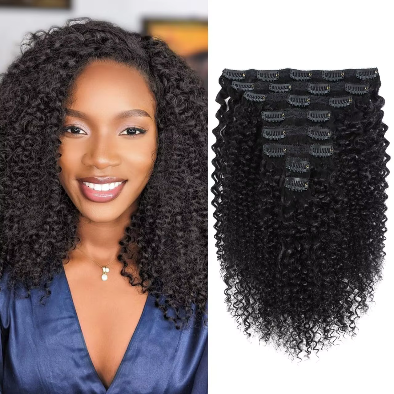 Extensions à clips bouclées crépues en cheveux humains 3C 4A pour femmes noires, 8 pièces, 20 clips,