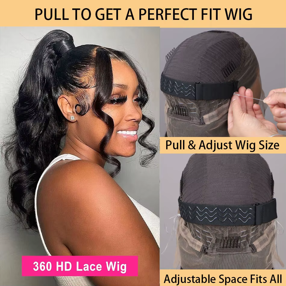 Perruque Lace Front Wig Body Wave 360 HD, cheveux naturels, pre-plucked, 12A, sans colle, vierge bré