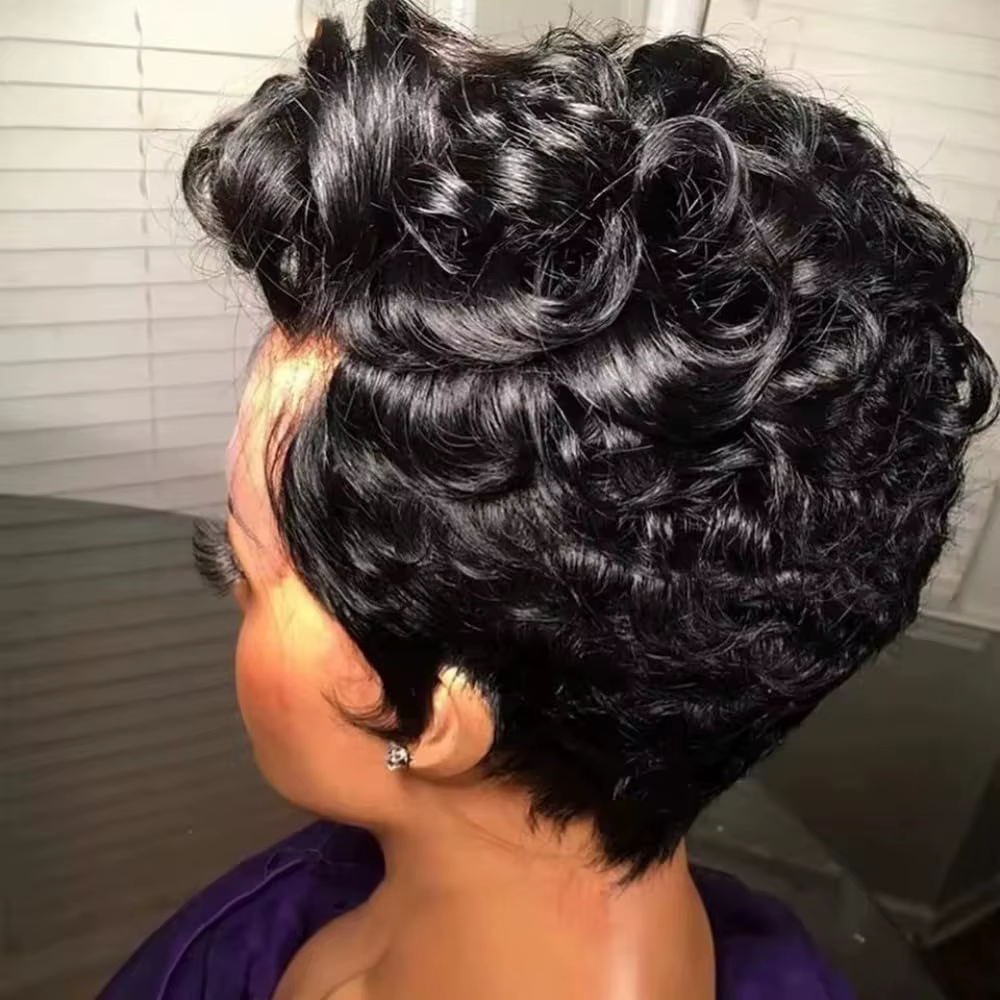 Perruques de cheveux humains courts pour femmes noires bouclés couches coupe lutin perruque Remy che