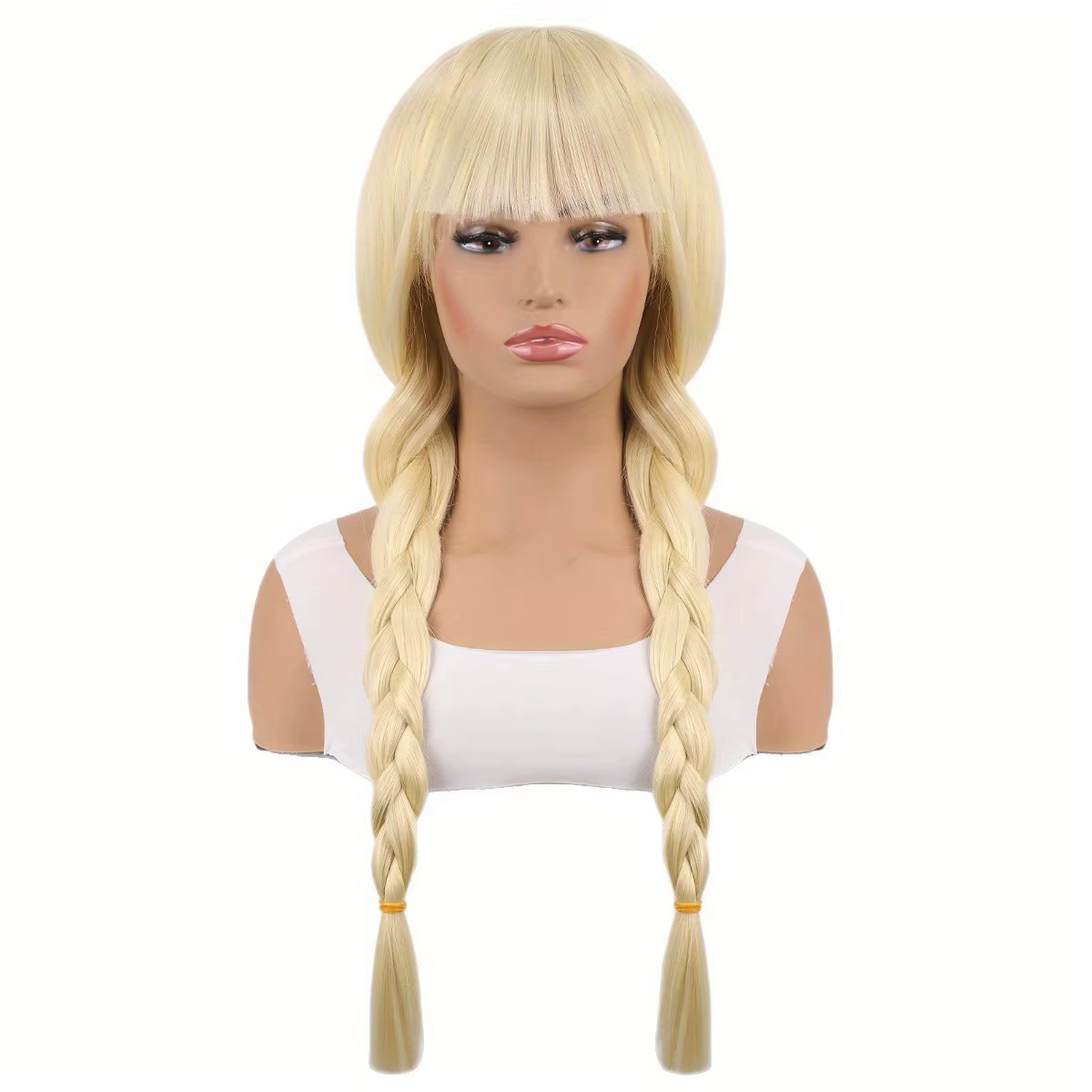 Perruque blonde longue à double tresses avec frange, cheveux synthétiques lisses pour cosplay, Hallo