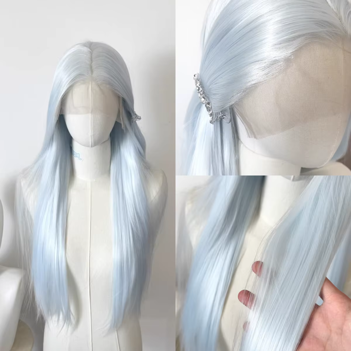Perruque Lace Front Synthétique Blanche et Bleue pour Femme, 13x4 HD, 26 pouces, Cheveux Longs et Li