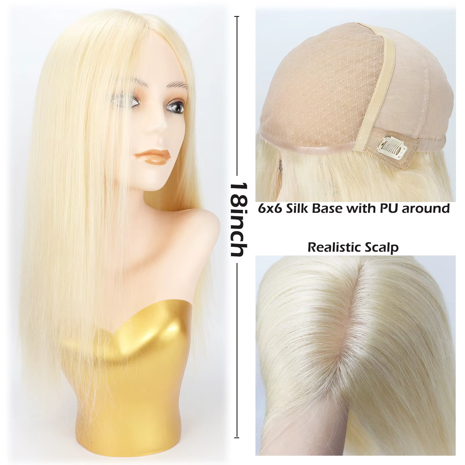# Perruque en cheveux humains blonds 613, la plus claire, 6x6 pouces, avec dessus en soie et contour